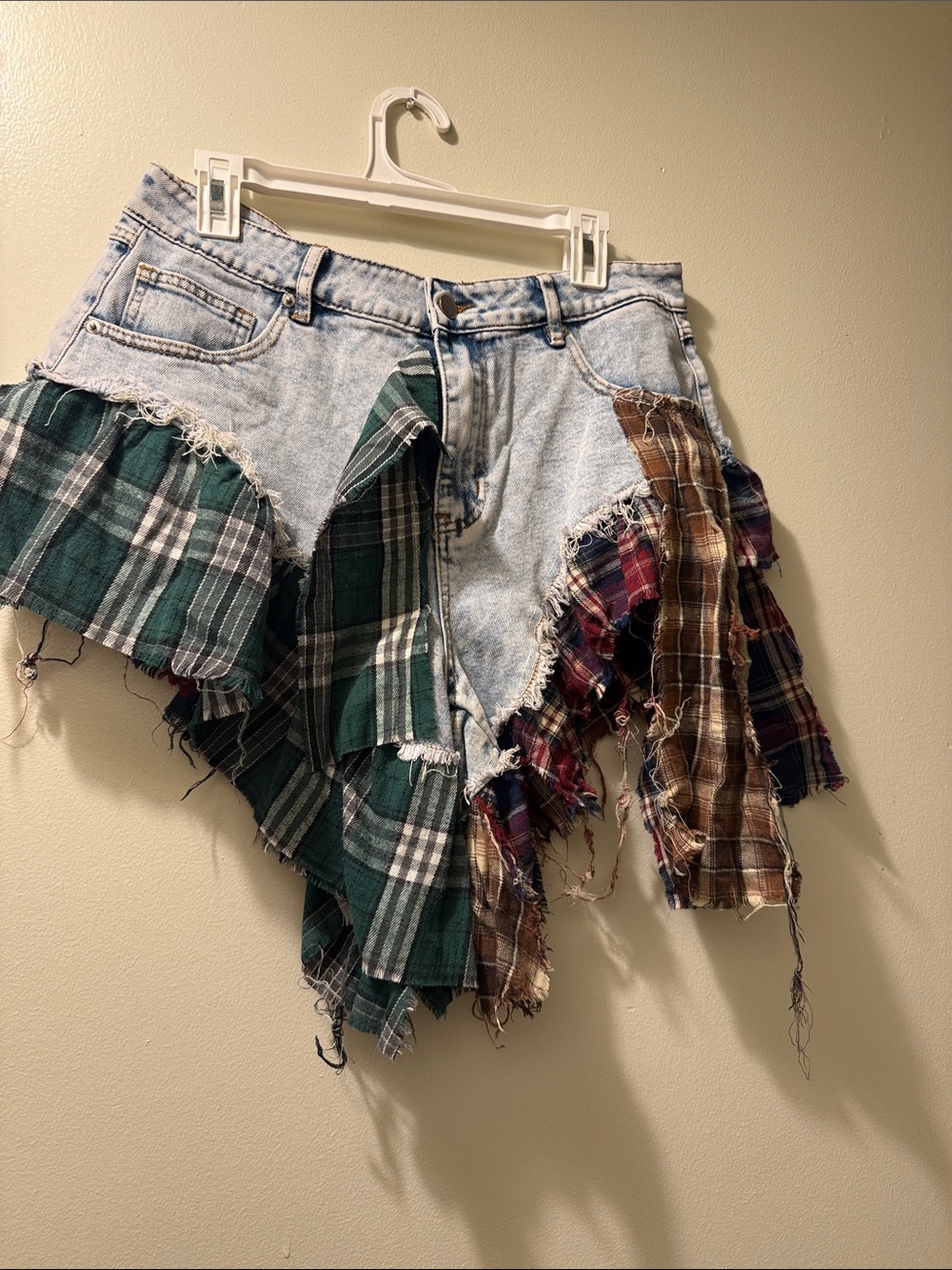 Fashion Nova Light Wash Denim Skort with Green, Brown Navy Plaid Ruffles size15